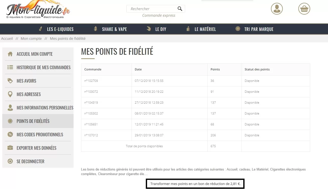 points de fidlit Mon liquide